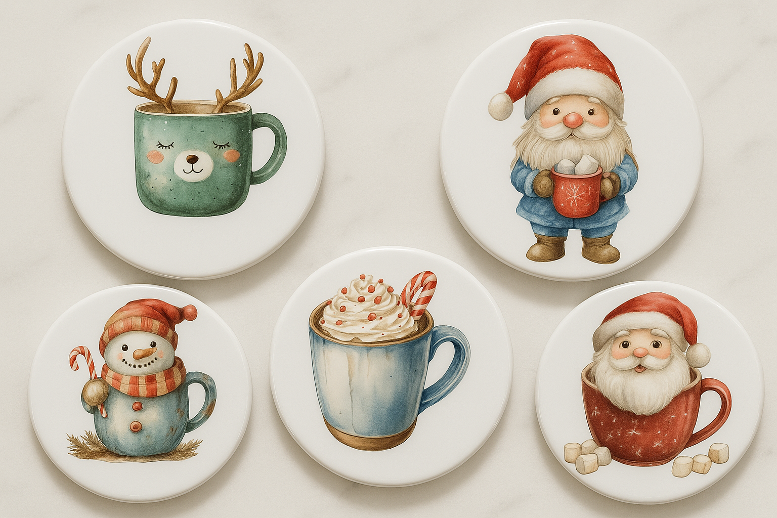 🎄 Christmas Mug-Themed Ceramic Coaster Set – Glossy Round | Perfect for Holiday Gifts &amp; Home Décor