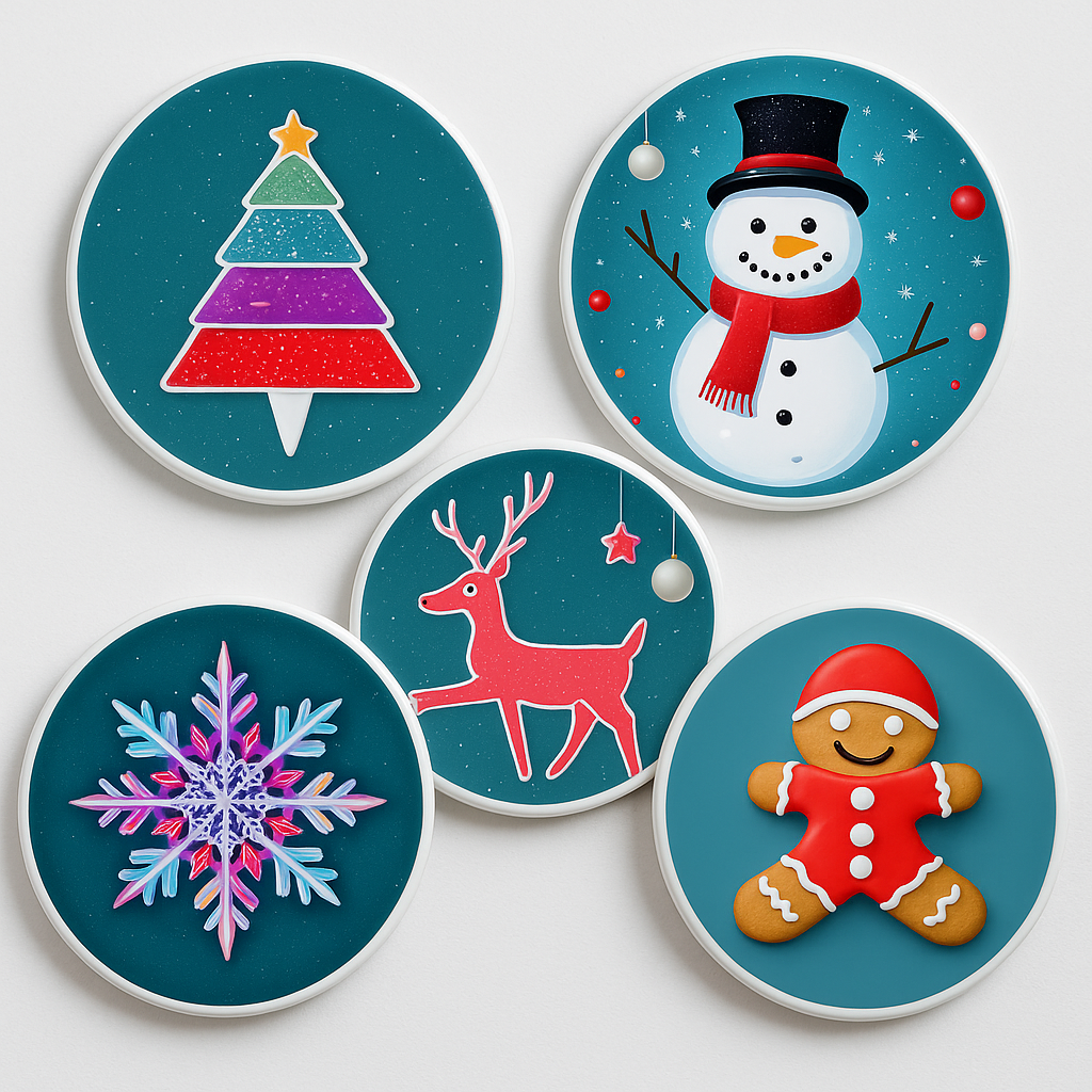 ✨ Christmas Ceramic Coaster Set – 5-Piece Glossy Collection ✨